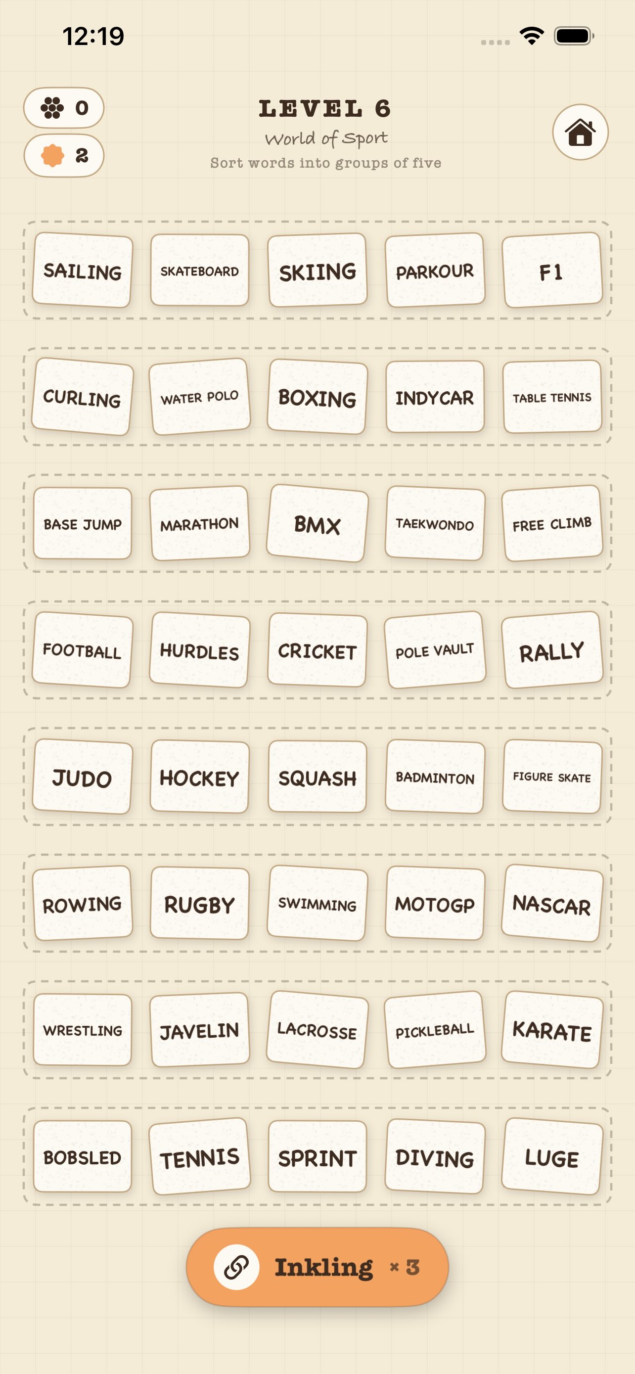 Word Tack's Daily Puzzle screen, showing the day's board and a shareable emoji-grid result.